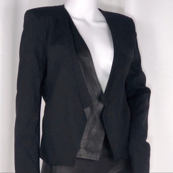 Halston Heritage Black w/Leather Panel Jacket OffSet Lapel Open Front Lined SzS - Picture 11 of 16